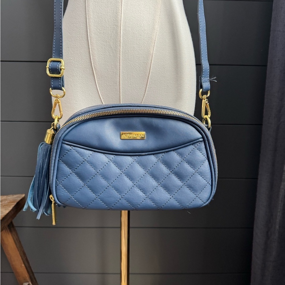 Joy & Iman Quilted Blue Leather Crossbody Bag Tassel Zippers Pockets Gold Accent